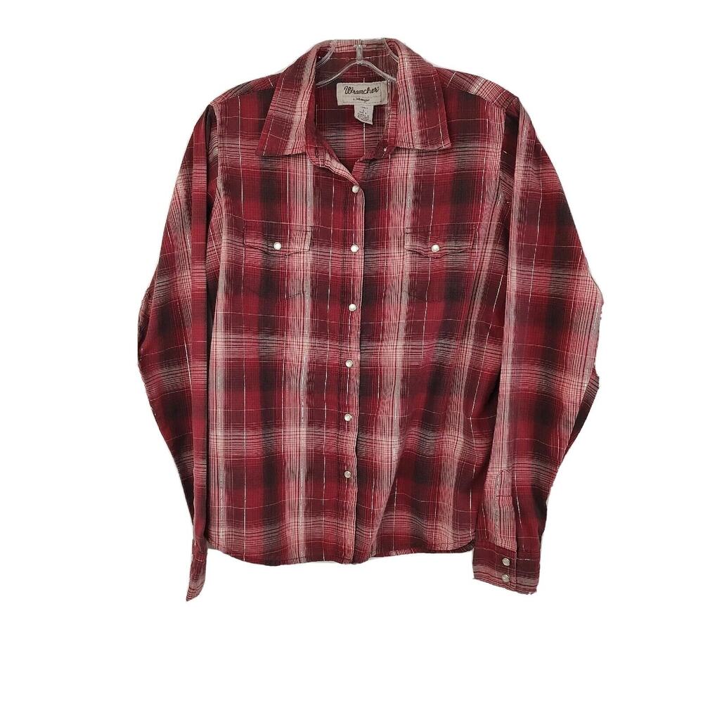 Wrancher‎ by Wrangler Womens Red Plaid Metallic Western Snap Shirt Large LWR8219